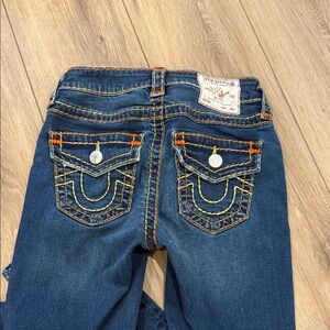True Religion Women's Dark Blue Jeans with Orange Stitching